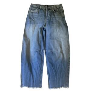 Ruti Barrel Leg Raw Hem Jeans, Distressed Blue Wash, Size 10